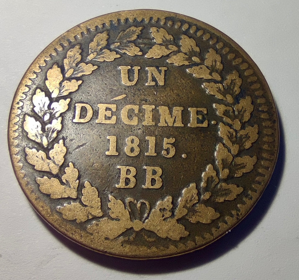 Un décime 1815 BB, siège de Strasbourg, Louis XVIII (L couronné), variété avec points