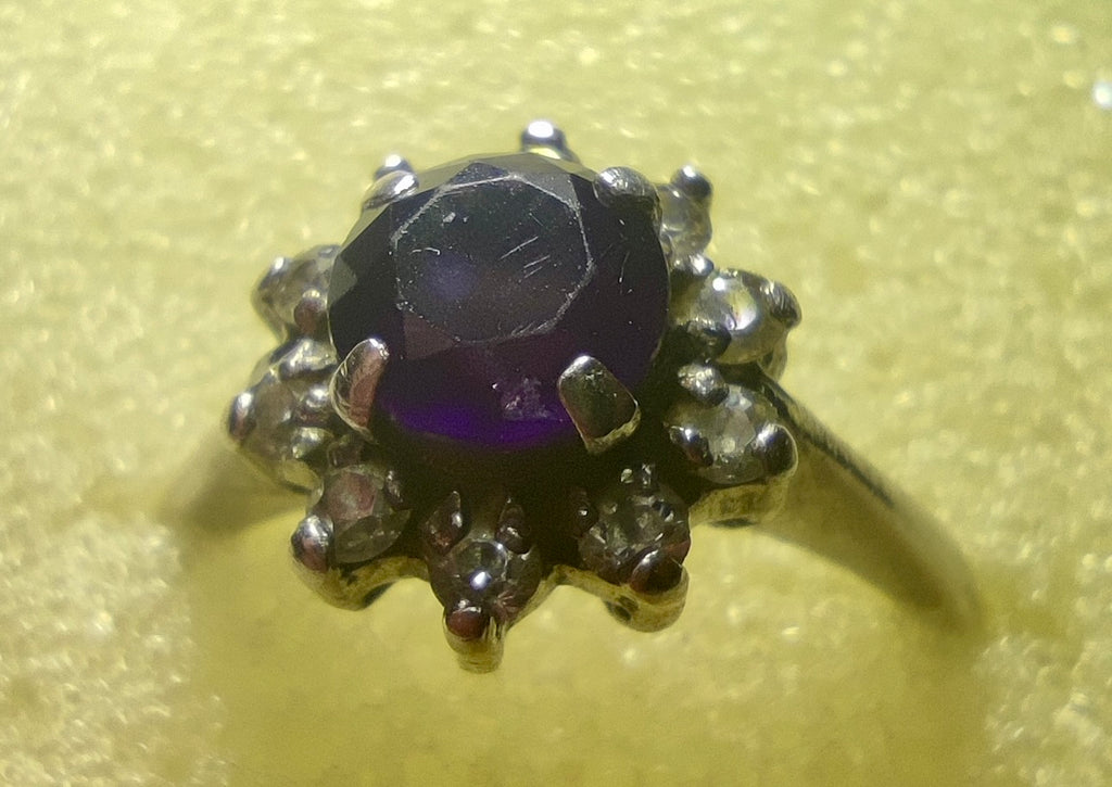 Bague marguerite en argent 925, pierre violette entourée de pierres blanches, taille 54