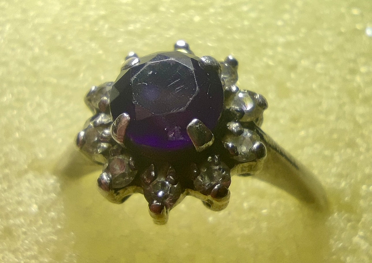 Bague marguerite en argent 925, pierre violette entourée de pierres blanches, taille 54