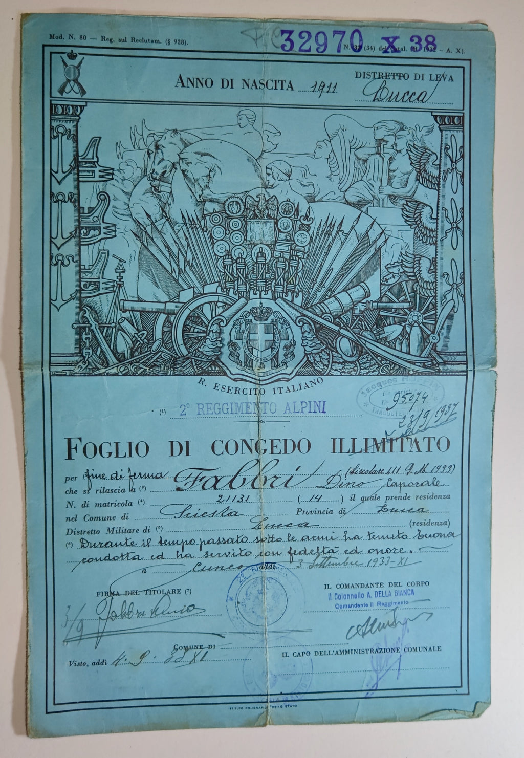Archives d'un immigré italien, Dino Fabbri (1911-1985) : de Lucques à Alfortville, naturalisation 1939, exode, Berlin 1944, rapatriement - lot de 19 documents et une gourmette