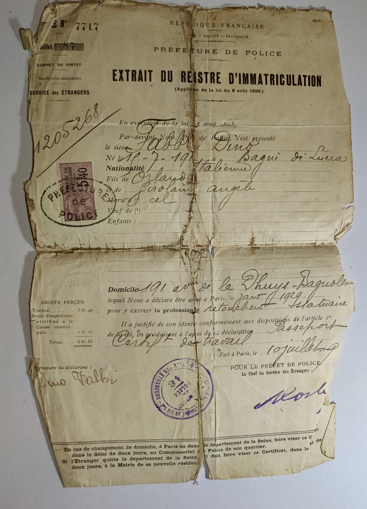 Archives d'un immigré italien, Dino Fabbri (1911-1985) : de Lucques à Alfortville, naturalisation 1939, exode, Berlin 1944, rapatriement - lot de 19 documents et une gourmette
