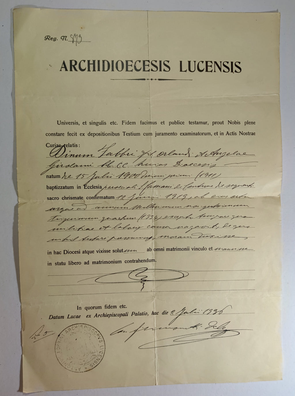 Archives d'un immigré italien, Dino Fabbri (1911-1985) : de Lucques à Alfortville, naturalisation 1939, exode, Berlin 1944, rapatriement - lot de 19 documents et une gourmette