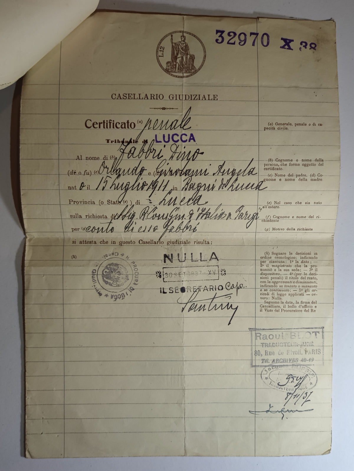 Archives d'un immigré italien, Dino Fabbri (1911-1985) : de Lucques à Alfortville, naturalisation 1939, exode, Berlin 1944, rapatriement - lot de 19 documents et une gourmette