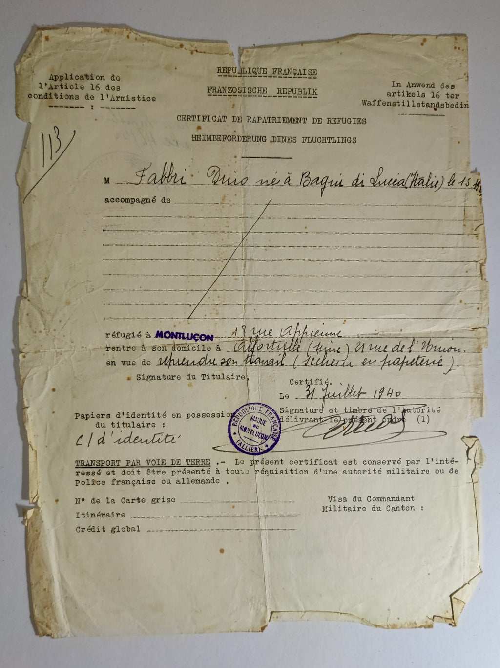 Archives d'un immigré italien, Dino Fabbri (1911-1985) : de Lucques à Alfortville, naturalisation 1939, exode, Berlin 1944, rapatriement - lot de 19 documents et une gourmette