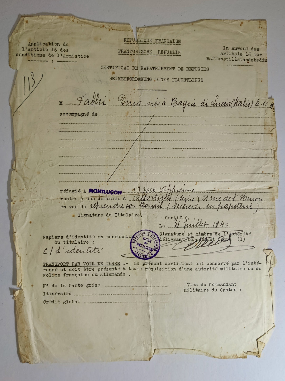 Archives d'un immigré italien, Dino Fabbri (1911-1985) : de Lucques à Alfortville, naturalisation 1939, exode, Berlin 1944, rapatriement - lot de 19 documents et une gourmette