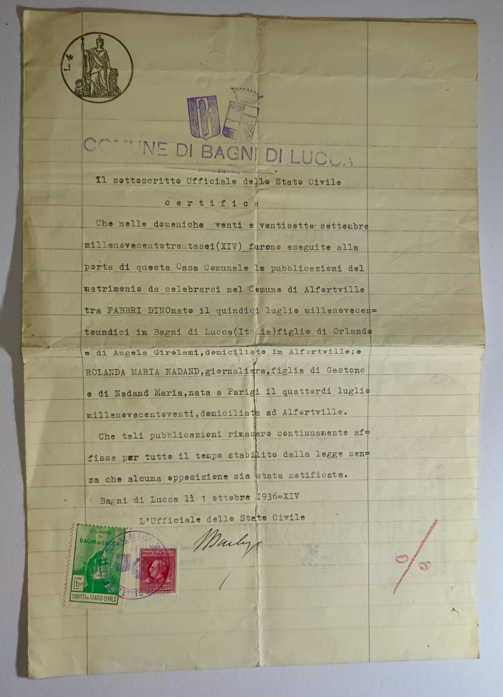 Archives d'un immigré italien, Dino Fabbri (1911-1985) : de Lucques à Alfortville, naturalisation 1939, exode, Berlin 1944, rapatriement - lot de 19 documents et une gourmette