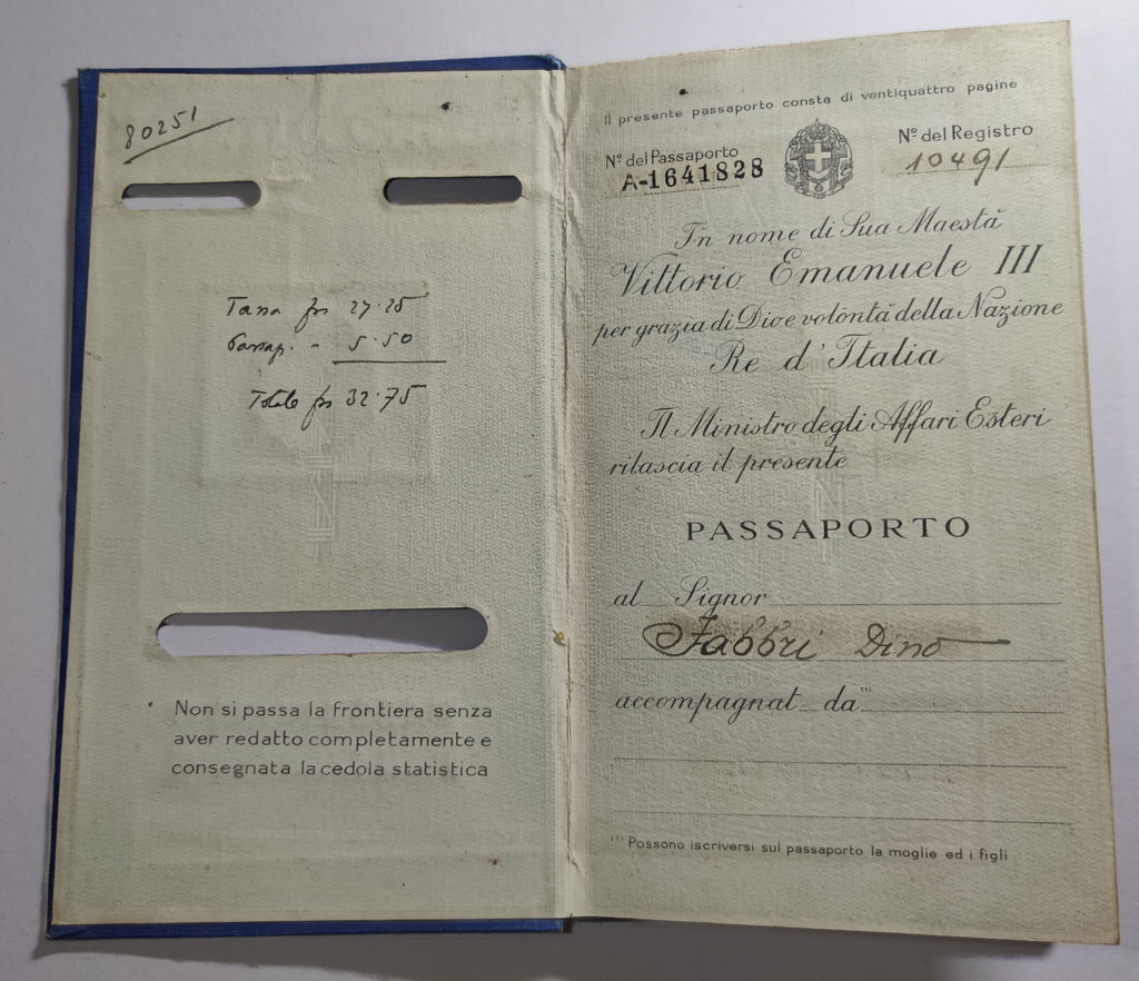 Archives d'un immigré italien, Dino Fabbri (1911-1985) : de Lucques à Alfortville, naturalisation 1939, exode, Berlin 1944, rapatriement - lot de 19 documents et une gourmette