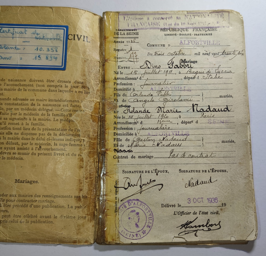 Archives d'un immigré italien, Dino Fabbri (1911-1985) : de Lucques à Alfortville, naturalisation 1939, exode, Berlin 1944, rapatriement - lot de 19 documents et une gourmette