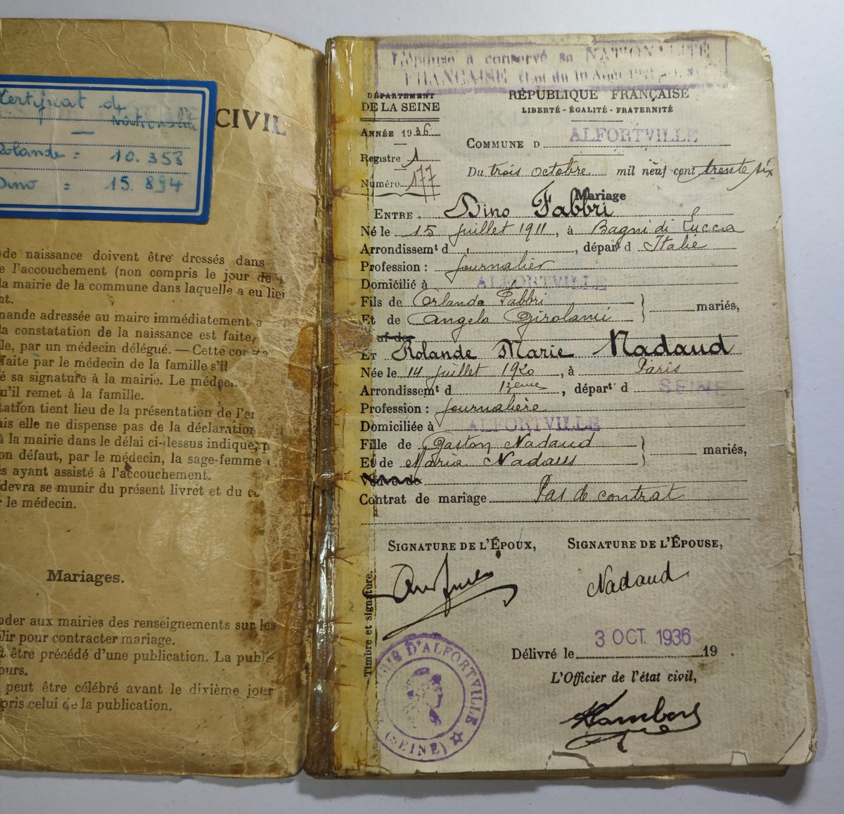 Archives d'un immigré italien, Dino Fabbri (1911-1985) : de Lucques à Alfortville, naturalisation 1939, exode, Berlin 1944, rapatriement - lot de 19 documents et une gourmette