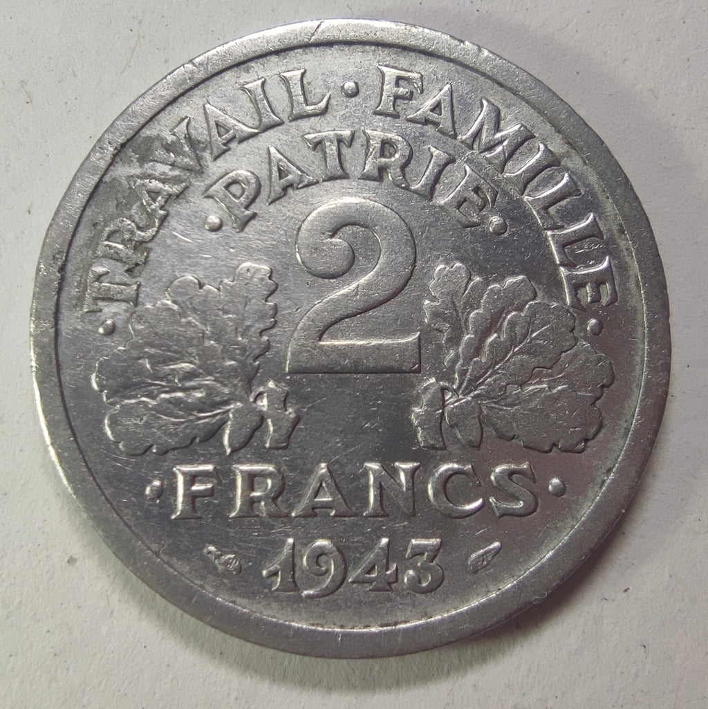 2 francs Francisque 1943 (Paris), aluminium, État français, type Bazor