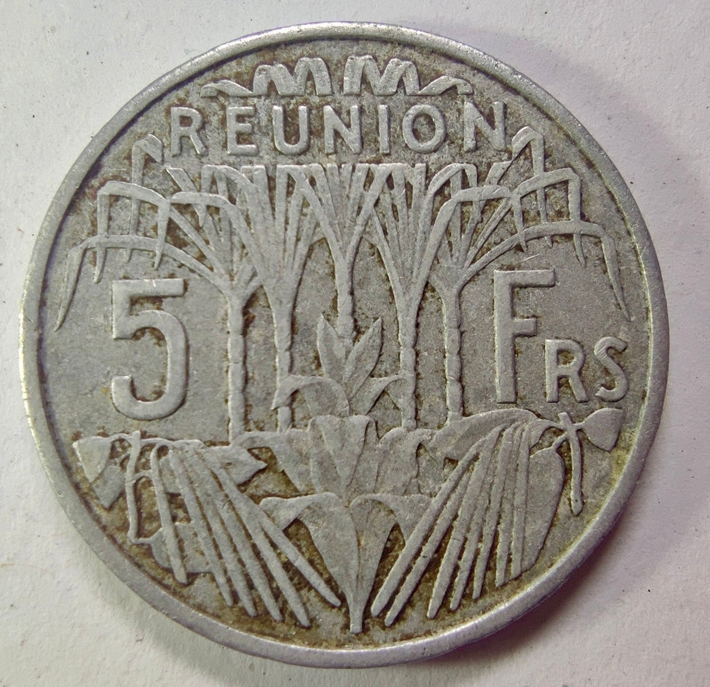 Revers de la 5 francs La Réunion 1955, cannes à sucre et valeur 5 FRS.