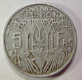 Revers de la 5 francs La Réunion 1955, cannes à sucre et valeur 5 FRS.