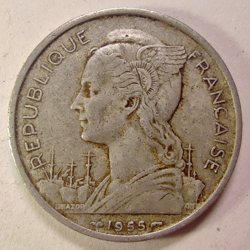 Avers de la 5 francs La Réunion 1955, Marianne, navires et signature L. Bazor.